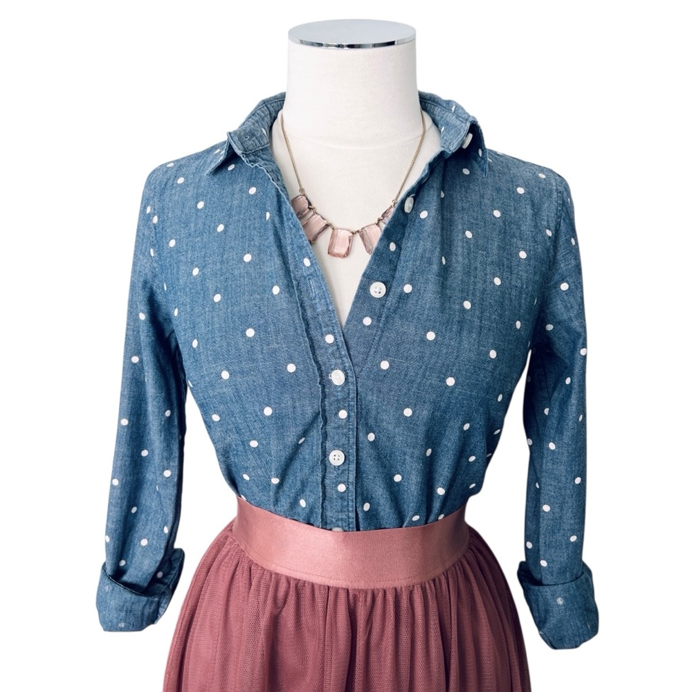 J. CREW FACTORY Blue White Polka Dot Button Down Shirt Sz XS Long Sleeve Cotton